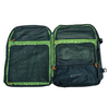 The inside of the trash free trail bag with a green finish and multiple pockets for storage.