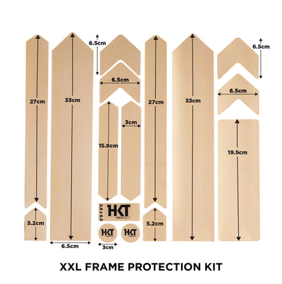 Measurements of the 16 piece Clear XXL Bike Frame Protection Kit Stickers